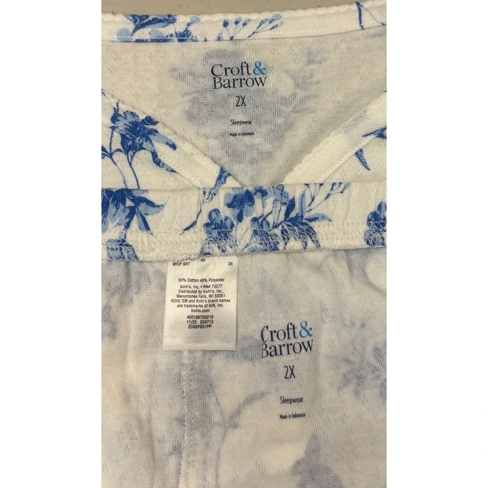 Croft & Barrow Pajama Set Women 2X White Blue Floral Birds Butterflies 2pc NEW